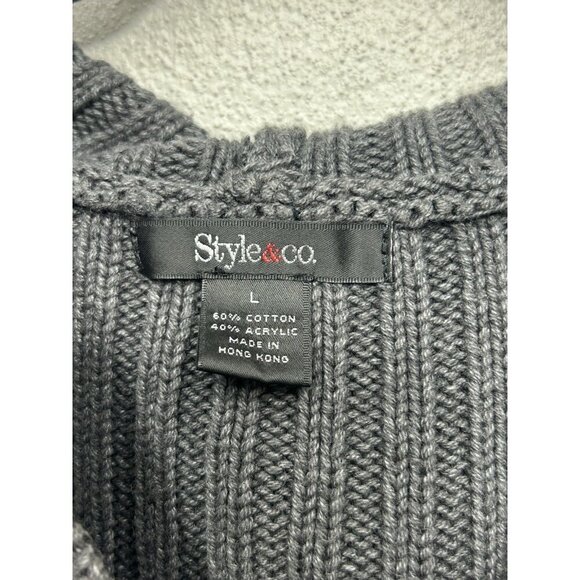 Womens Cable Knit Sweater Size Large Chunky Y2K Henley Hooded Grey Pullover - Picture 4 of 4